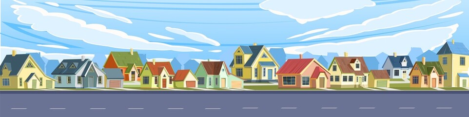 Street in a cheerful cartoon flat style. Asphalt road. A village or a small rural town. Small houses. Ski and clouds. Small cozy suburban cottages with gable roofs. Vector.