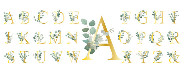 Floral Alphabet. Set letter with botanical bouquet. Wedding invitations, greeting card, birthday, logo, poster other ideas. Vector illustration. - 432812824