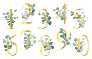 Floral Number. Set digit with botanical bouquet. Wedding invitations, greeting card, birthday, logo, poster other ideas. Vector illustration.