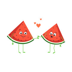 Cute watermelon characters with love emotions, face, arms and legs. The funny or happy food heroes, fruits fall in love