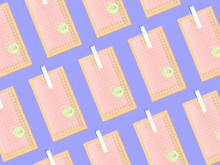3D rendering. Pattern of Swimming pools with water and yellow rubber floating inflatable ring in minimal style. Purple blue background. Flat lay, aerial view.