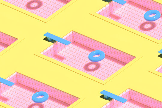 3D render. Pattern of Inflatable rubber rings in the pools in pink and yellow colors. Minimalistic style, aesthetic and surrealism. Summer vacation vibes