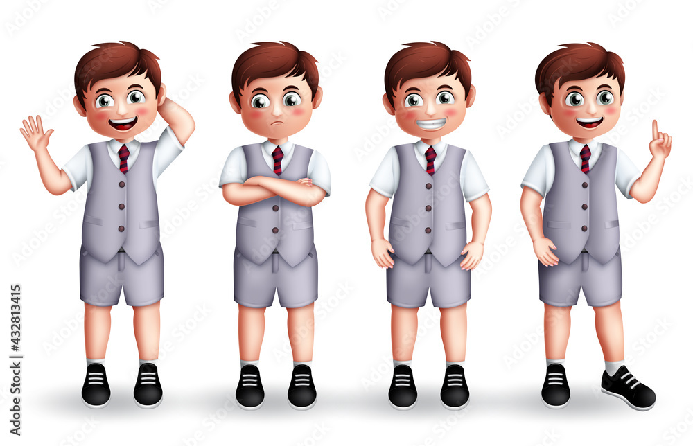 Poster school student boy vector character set. male 3d back to school students in uniform with pose and ge
