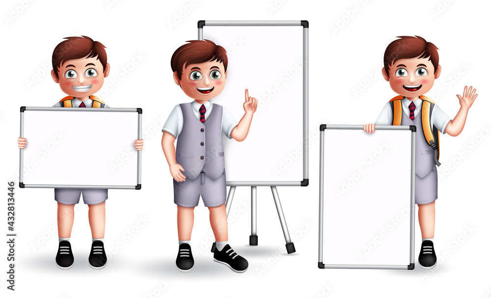 Aufkleber school boy presentation vector character set. male 3d student holding and showing whiteboard element