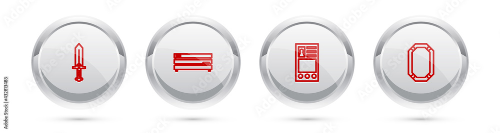 Poster set line sword for game, video console, create account screen and poker table. silver circle button.