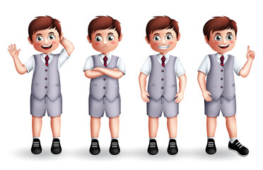 School student boy vector character set. Male 3d back to school students in uniform with pose and gestures of standing, smiling and sad expression for educational characters design.