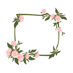 Peony wreath. Square frame, cute pink flowers and leaves