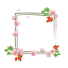 Rose hip wreath. Square frame, cute pink flowers rose red fruits and leaves. Festive decorations for wedding, holiday, postcard, poster and design