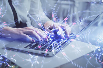 Double exposure of woman hands typing on computer and neuron drawing. Education concept.