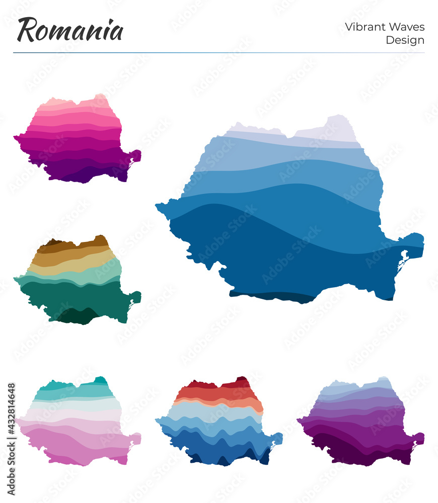 Poster set of vector maps of romania. vibrant waves design. bright map of the country in geometric smooth c