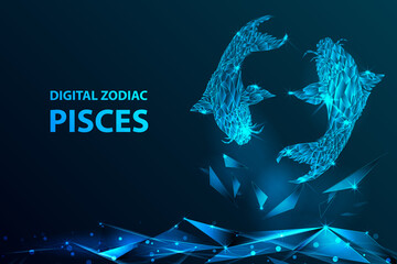 Abstract Digital Futuristic Glittering Transparent Digital Zodiac Pisces Fish and Triangle Polygons as the Ground on Glowing Dark Blue Background Illustration Vector Template Design Concept