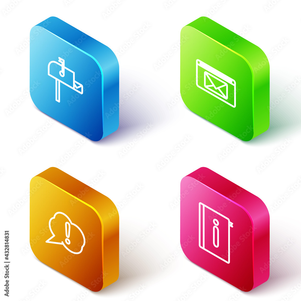 Poster set isometric line open mail box, mail and e-mail, speech bubble exclamation and user manual icon. v