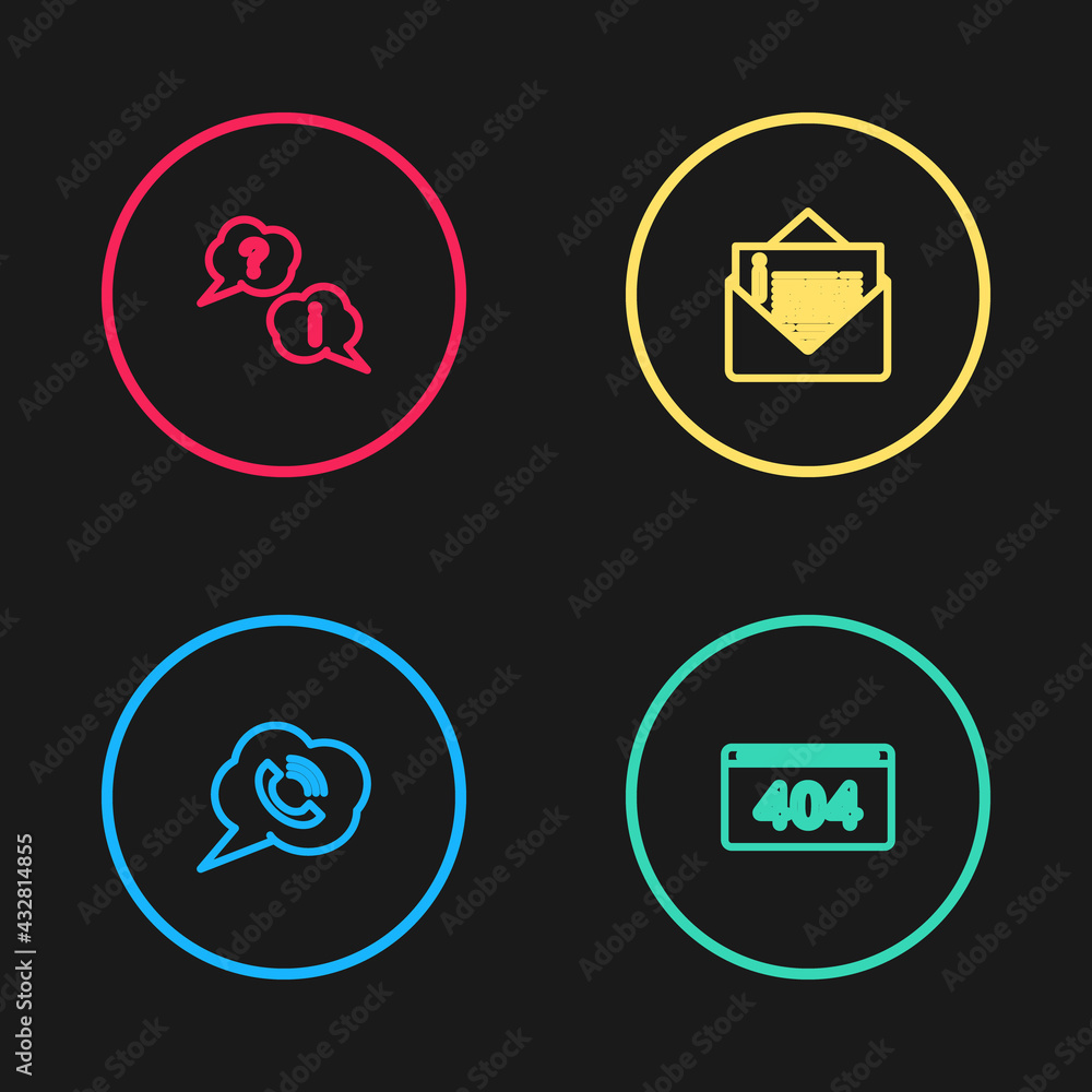 Poster set line speech bubble with phone call, page 404 error, envelope and question and exclamation icon. 