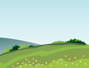 Simple calm color vector illustration in flat style. Summer landscape, green hilly meadows, bushes on the horizon, wildflowers. Clear blue sky. Country trip, vacation and travel, countryside.