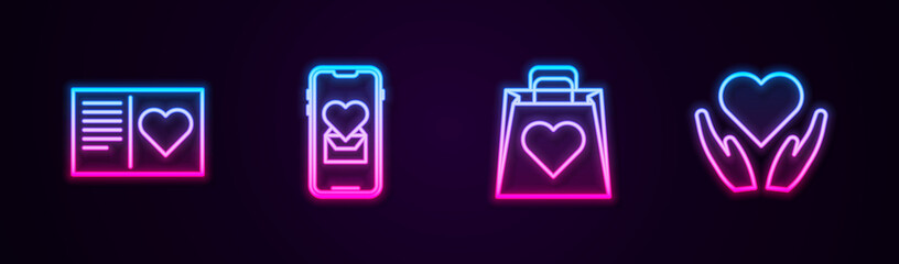 Set line Valentines day flyer with heart, Mobile, Shopping bag and Heart hand. Glowing neon icon. Vector