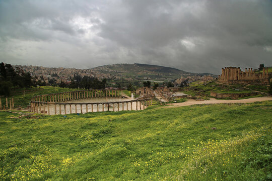 View of the oval square of the ancient Roman city of Jerash