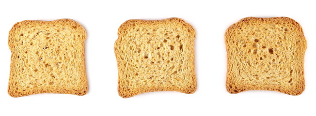Wholemeal crackers, bread rusks set and collection, three toast slices isolated on white...