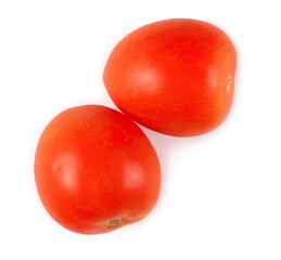 Two tomatoes isolated on white background, top view