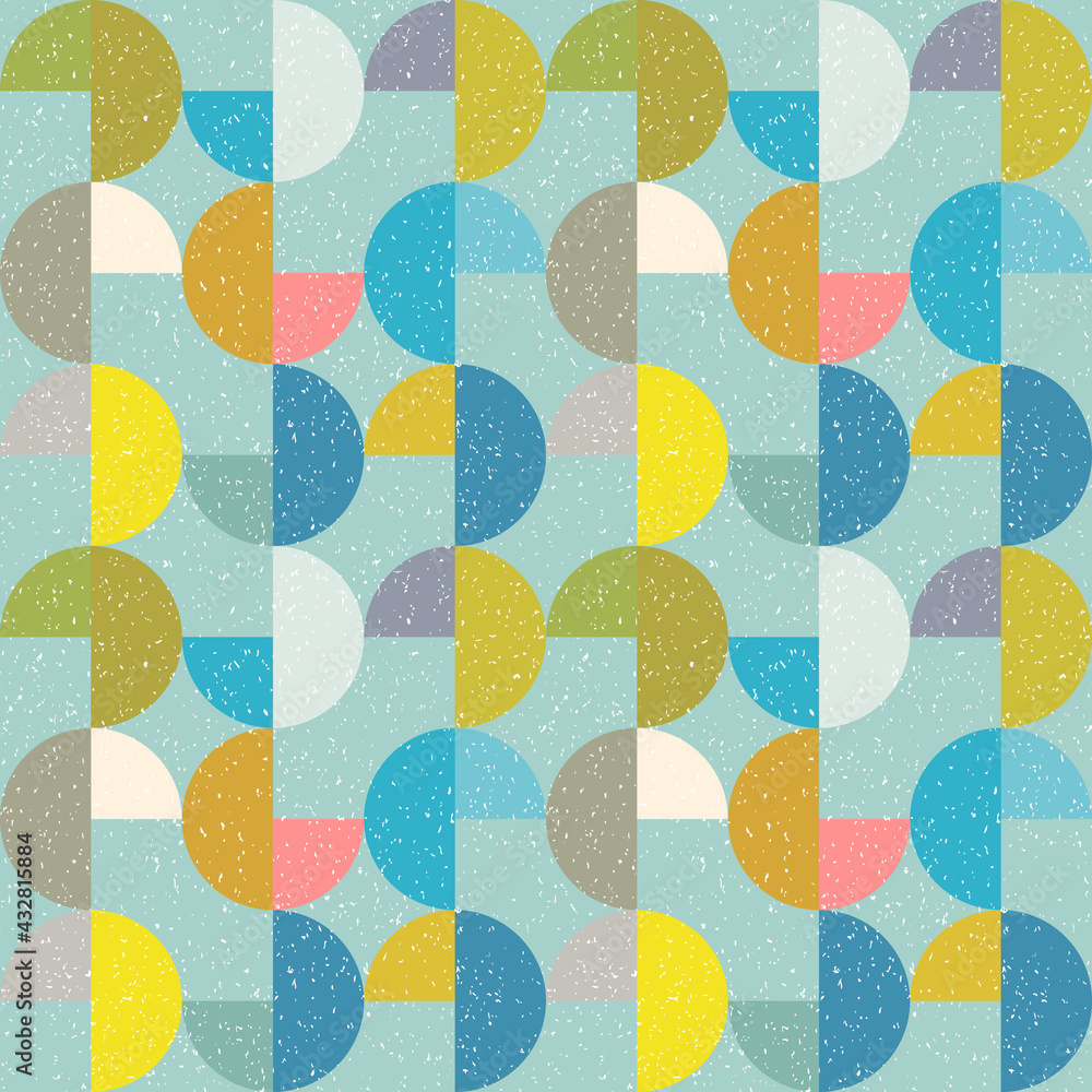 Aufkleber Modern vector abstract seamless geometric pattern with semicircles and circles in retro scandinavian style. Pastel colored colorful shapes with worn out texture .