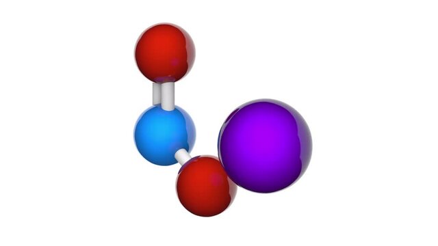 Sodium nitrite, formula NaNO2 or NNaO2. It is best known as a food additive (E250). 3D render. Seamless loop. Chemical structure model: Ball and Stick. White background