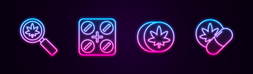 Set line Magnifying glass and marijuana, Medical pills with, Herbal ecstasy tablets and . Glowing neon icon. Vector