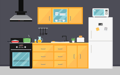 Kitchen room interior with electric appliances, sink, furniture and dishes. Modern cooking devices - stove, toaster, microwave. Modern home design illustration.