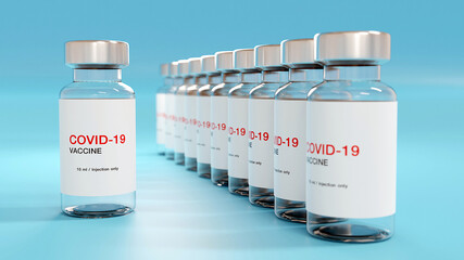 3D rendering. Creative design for Covid-19 coronavirus vaccine bottles for intramuscular injections. Corona virus (2019-nCoV virus) flu treatment drug pharmacy production concept.