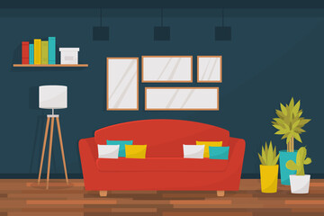 Modern living room interior with cozy sofa. Flat vector design