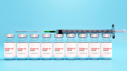 3D rendering. Creative design for Covid-19 coronavirus vaccine bottles and syringe  for intramuscular injections. Corona virus (2019-nCoV virus) flu treatment drug pharmacy production concept.