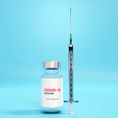 3D rendering. Creative design for Covid-19 coronavirus vaccine bottles and syringe  for intramuscular injections. Corona virus (2019-nCoV virus) flu treatment drug pharmacy production concept.