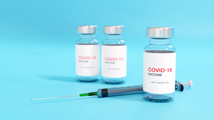 3D rendering. Creative design for Covid-19 coronavirus vaccine bottles and syringe  for intramuscular injections. Corona virus (2019-nCoV virus) flu treatment drug pharmacy production concept.