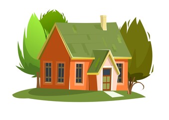 Obraz na płótnie Canvas Rural house in the meadow. Half turn. Cheerful cartoon flat style. Isolated on white background. Gable green roof. Small cozy suburban cottage with trees. Sun and sky. Vector.