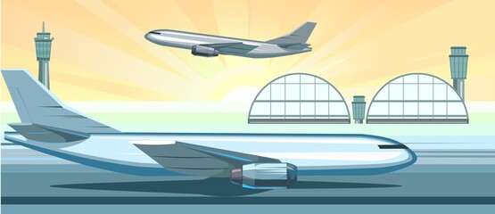 Passenger plane takes off. Airport outside. Runway. Towers and hangars. Against the background of the sky with the rays of the sunrise. The beginning of a tourist trip. Illustration vector