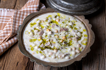 Traditional delicious Turkish food; Yuvalama soup, Turkish name; Gaziantep Yuvalama corbasi