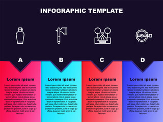 Set line Canteen water bottle, Wooden axe, Tourist tent and Trap hunting. Business infographic template. Vector