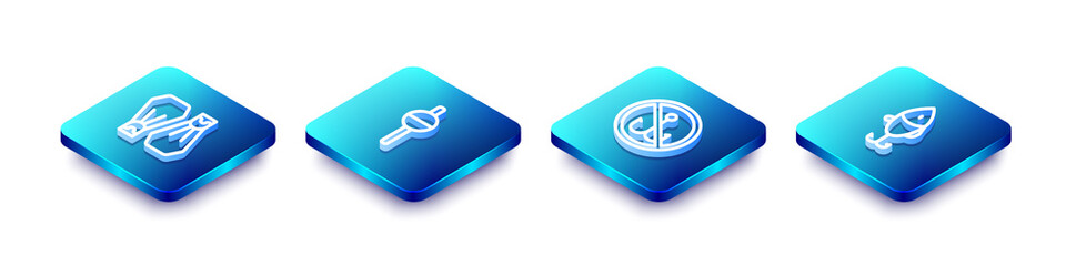 Set Isometric line Rubber flippers for swimming, Fishing float, No fishing and lure icon. Vector © vector_v