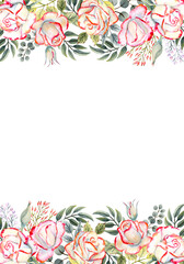 Vertical frame with watercolor rose flowers, leaves, decor. For the design of greeting cards, invitations, etc