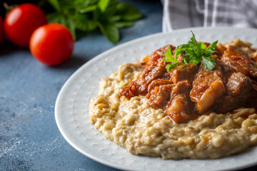 Turkish Food Hunkar Begendi made with Eggplant and Meat.