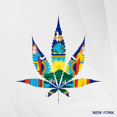 Fototapeta na wymiar Flag of New York in Marijuana leaf shape. The concept of legalization Cannabis in New York.