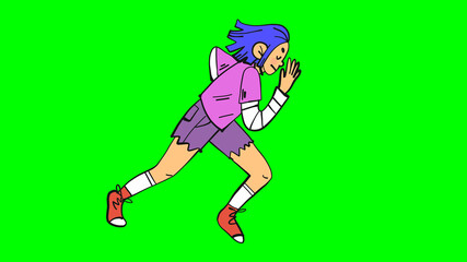 Running teenage girl with in cartoon style. Isolated on green screen illustration