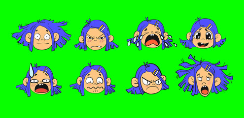 Set of girls faces with different emotions in cartoon style. Isolated on green screen illustration