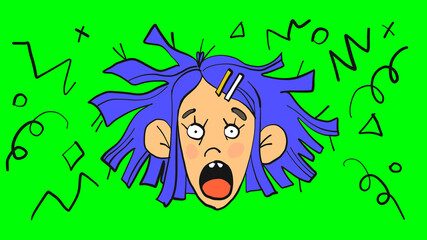 Stressed shocked girl face in cartoon style. Psychological help, stress, shock concepts. Isolated on green screen illustration