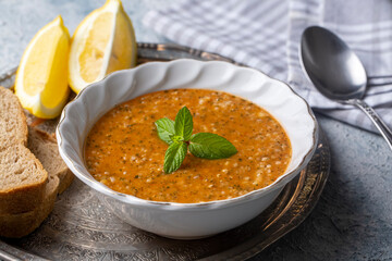 Traditional delicious Turkish soup; Turkish name; Tarhana or Ezogelin corbasi
