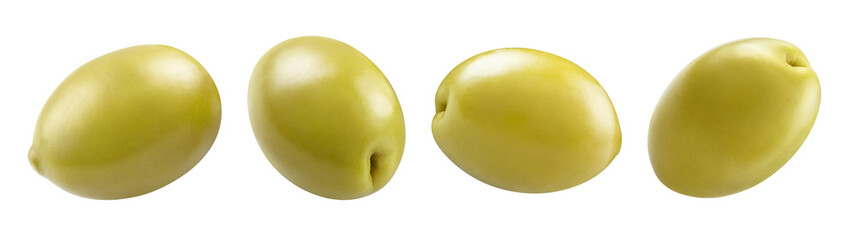Collection of delicious green olives, isolated on white background