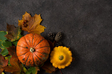 Autumn composition with colorful fresh pumpkins and autumn leaves, Thanksgiving, autumn background, top view