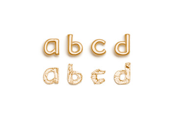 Inflated, deflated gold a b c d letters, balloon font
