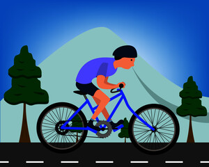 bike ride. Vector illustration - male on a bicycle. Park, forest, trees and hills in winter. World car free day. the use of the bicycle as a means of transport.