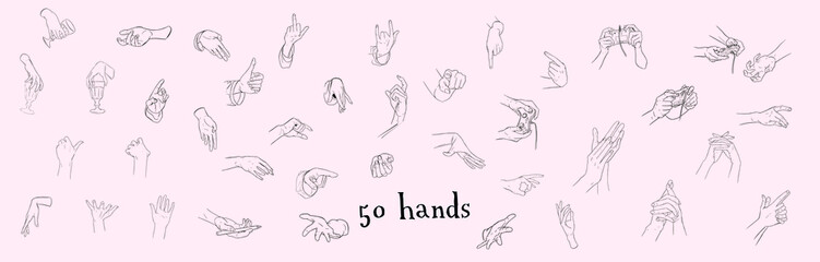 50 different hands on a pastel background. Gestures, waving hands, shaking hands, fingers, signs.