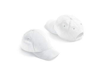 Blank white baseball cap mockup, side and back view