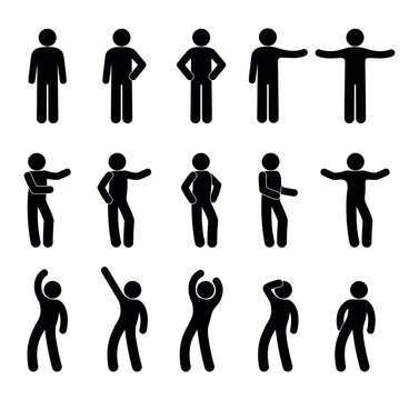 stick man pictogram set, poses and gestures illustration, human silhouette icon set, people waving hands